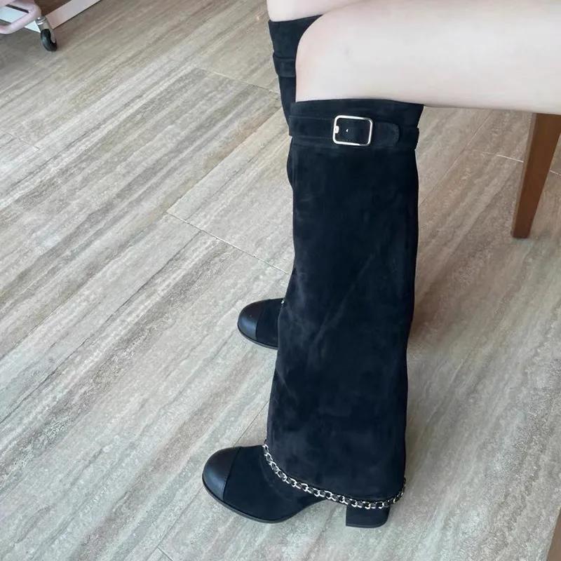Fashion Brand New Round Toe Thick Heel Chain Belt Buckle Skirt Boots Women's Autumn Winter Fashion Runway Mixed Color Long Shoes Size 43