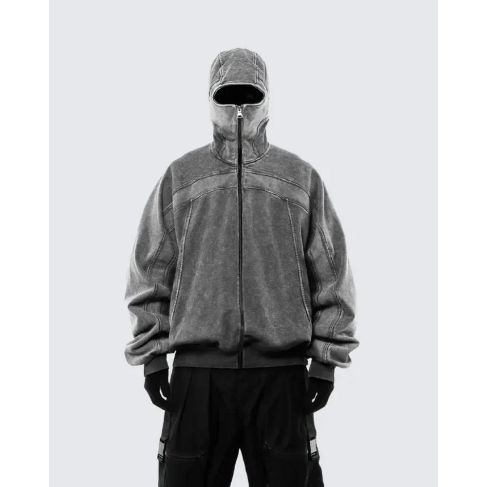RogueWave Classic Balaclava Hoodie Men Washed Gray Ninja Pullover Sweatshirt Hip Hop Splicing Y2k Vintage Winter Streetwear Couple Tops