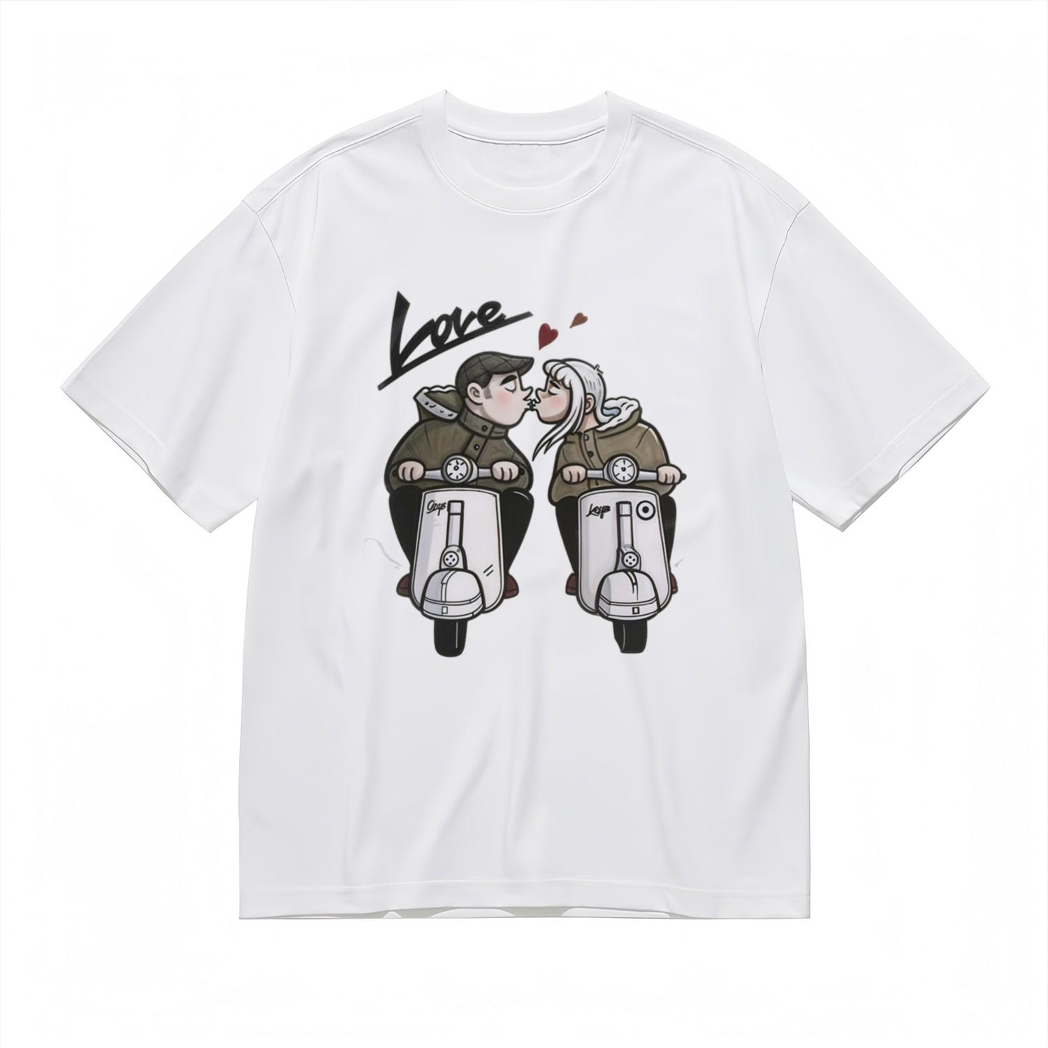 Women s Fashion Stretch Classic T-Shirt Mens Womens Tees Top Motorcycle Love Hearts Graphic Art Tee M