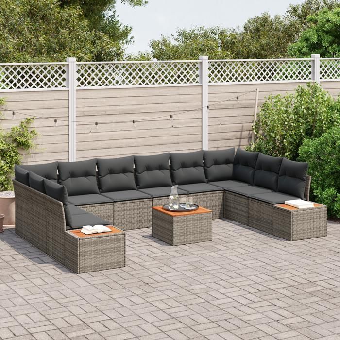 VidaXL Ensemble de canapé de jardin avec coussin 11 pcs Gris polyrotin, Sofa salon d'extérieur, modulable, finition en rotin 3348180