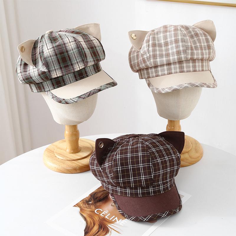 Outdoor Women'S Retro Plaid Breathable Cat'S Ears Baseball Cap Fashion Sweet Style Octagonal Caps British Style Men Forward Hat