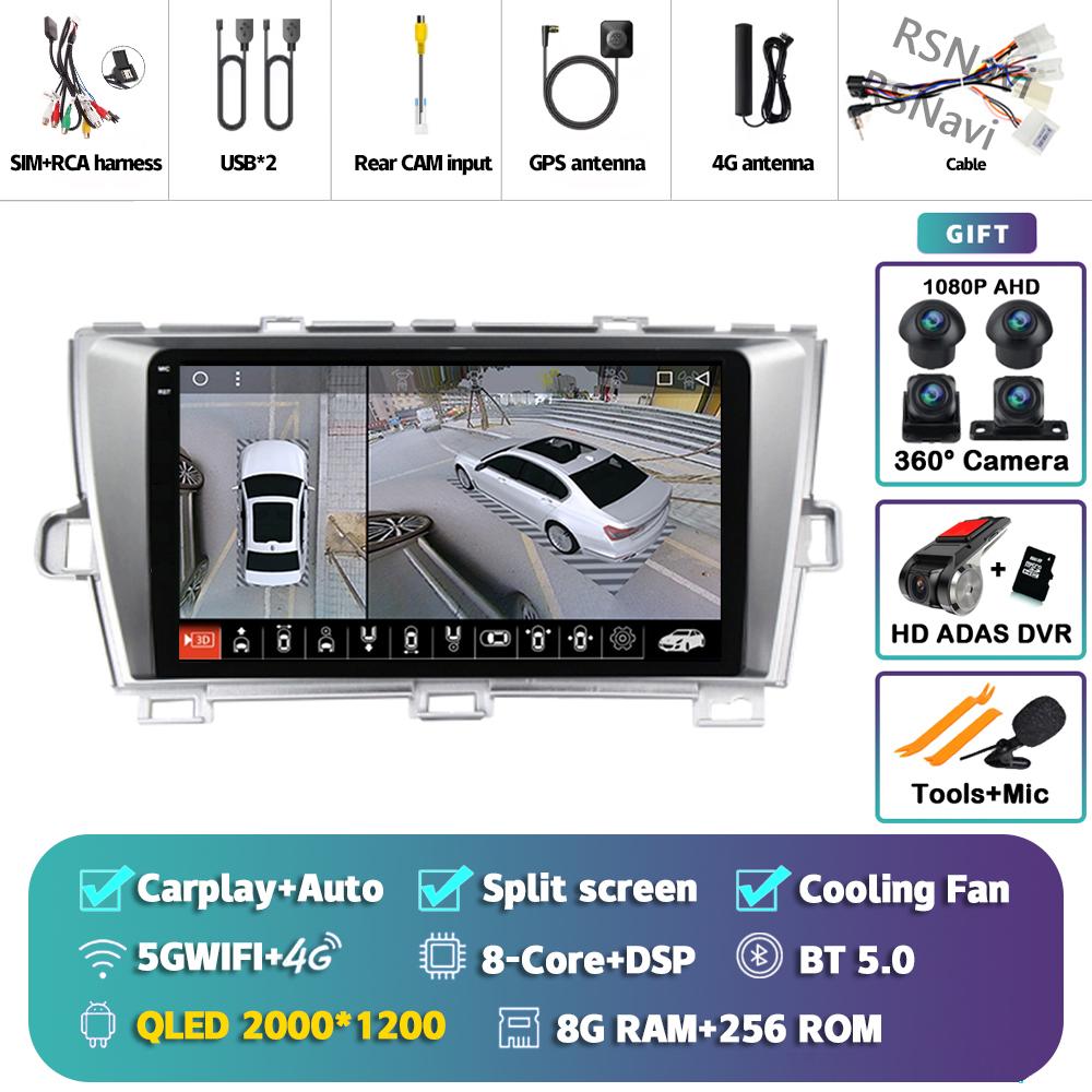 Android 14 Carplay Auto For Toyota Prius 2009 - 2015 Car Radio 4G+WIFI Player Multimedia Stereo 360 Camera Navigation Video GPS