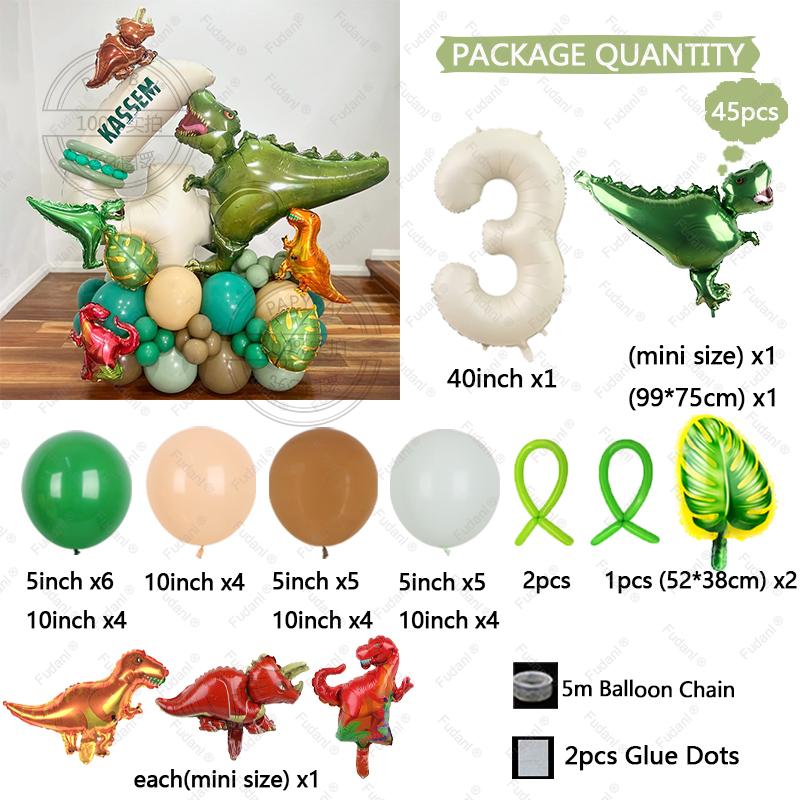 45pcs Jungle Dinosaur Party Balloons Set Mini Dinosaur Balloon Cream White Number Ballon Kids 1 2 3 4 5Year Birthday Party Decor