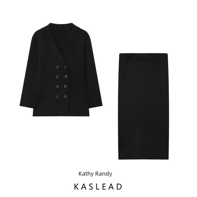 Kaslead New Arrival Women's Clothing Fashion Style Fashionable Knitted Double Breasted Jacket with Skirt 4192148 4192149