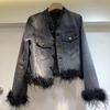 Thirteen Rows 2025 Retro Korean Fur Patchwork Denim Jacket for Women - Loose Fit, Versatile for Spring/Autumn