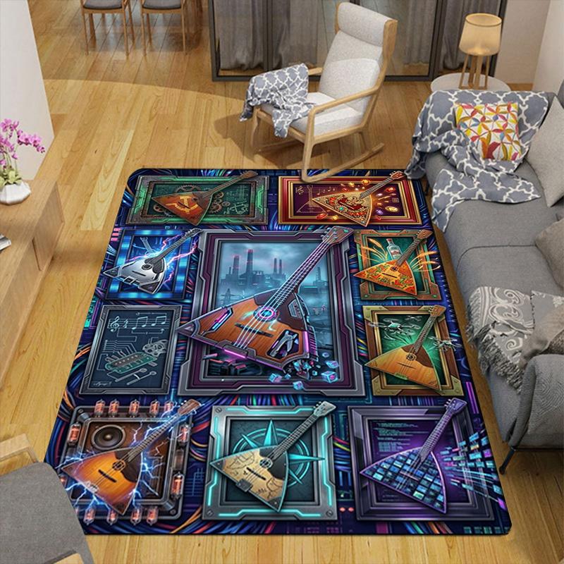Cyberpunk Musical Instruments Pattern Rug Floor Mat for Living Room or Bedroom Soft and Comfortable Carpet a Gift for Birthday and Holiday.