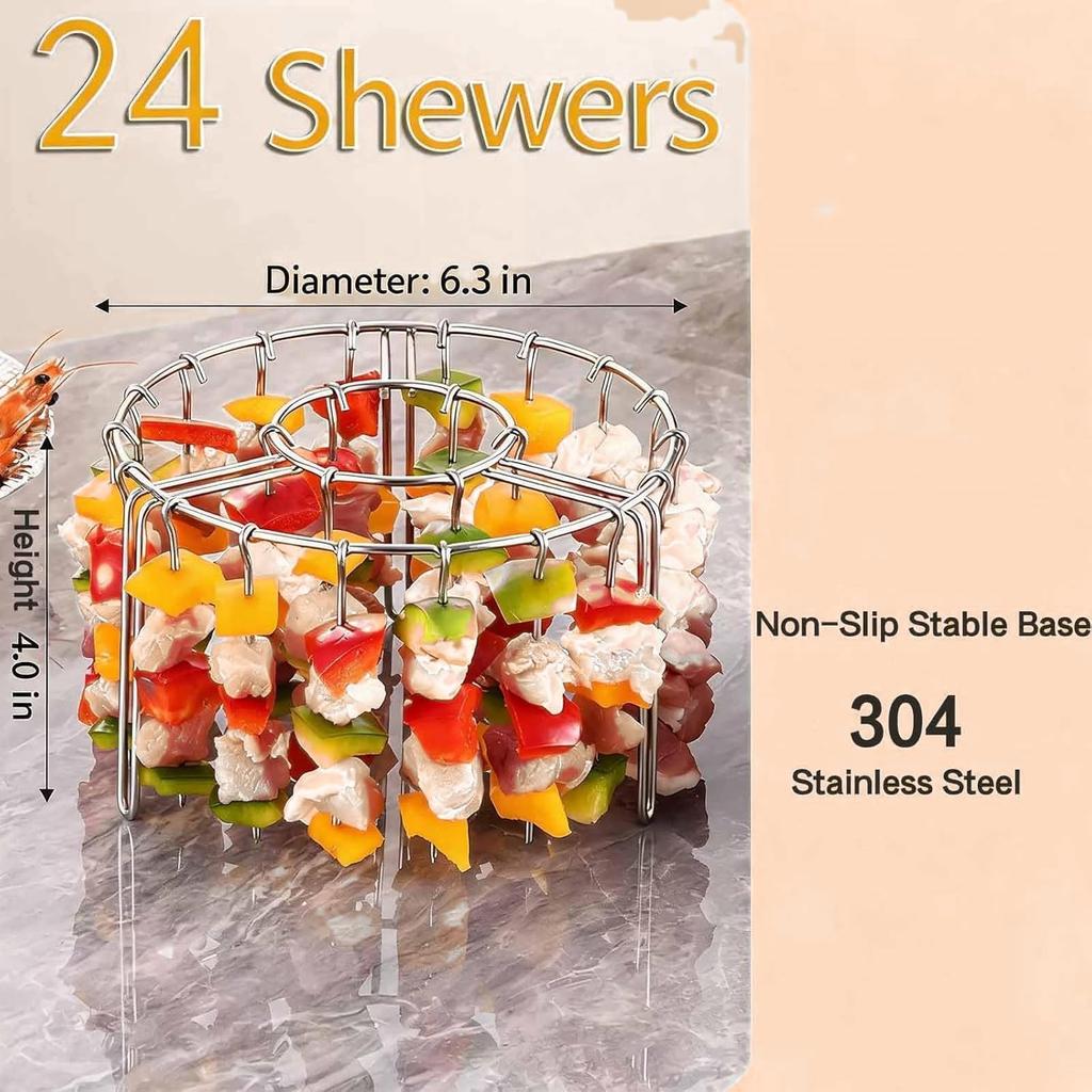 Stainless Steel Vertical Skewer Stand for Air Fryer 24 Skewer Capacity Round Kebab Rack with Food-Grade 304 Build Drip-Catching Base for Crispy Eve