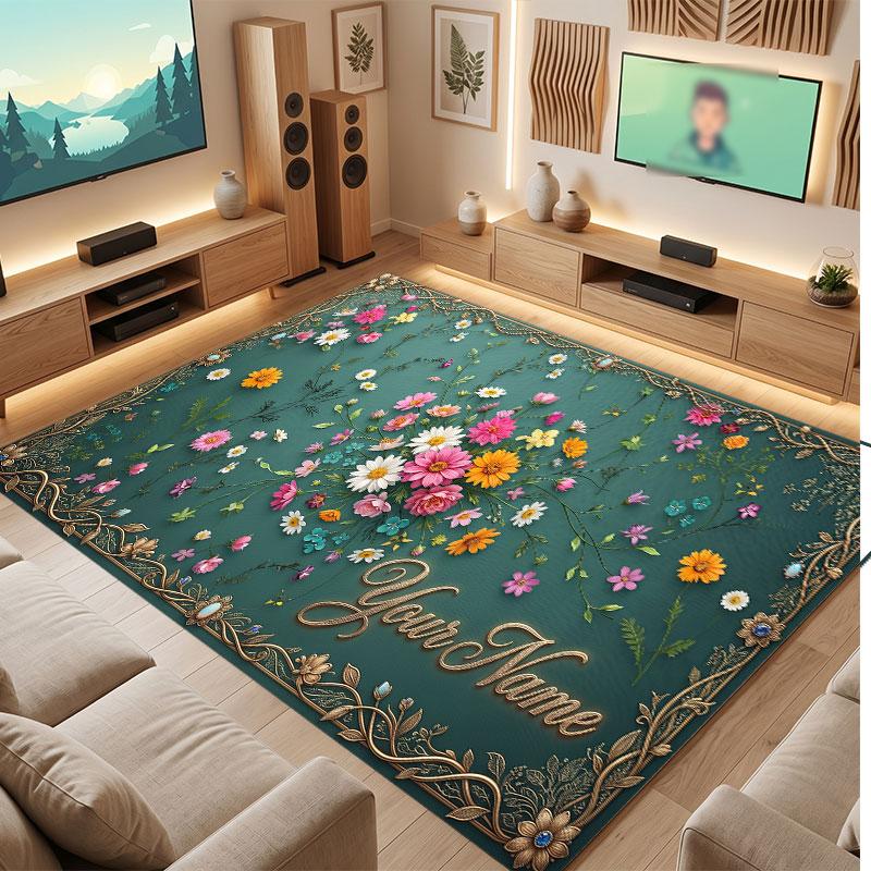 Floral Garden Theme Crystal Velvet Floor Rug Personalized Custom Name Text Warm Carpet Home Decoration