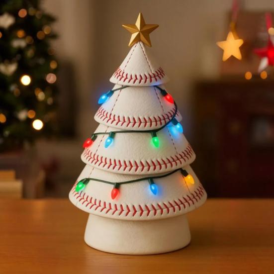 Sports Ball Inspired Christmas Tree Figurine Handcrafted Faux Leather Tree Shaped Tabletop Decoration with Golden Star Topper for Holiday Home Decor