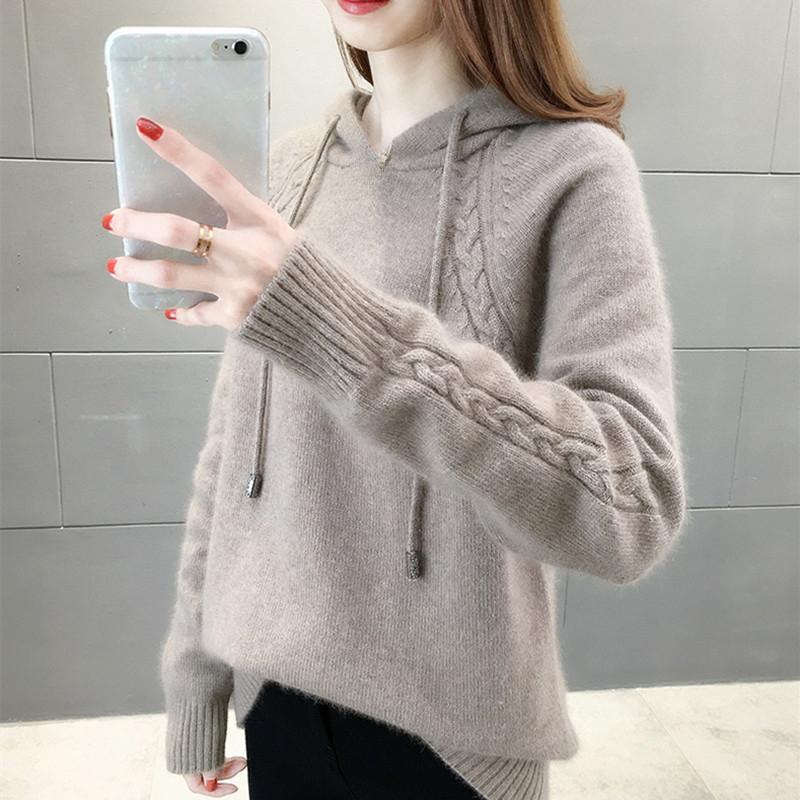 

Женский свитер с капюшоном, осенне-зимний, с длинными рукавами, свободный и ленивый стиль, худи, топ, пуловер XL хаки