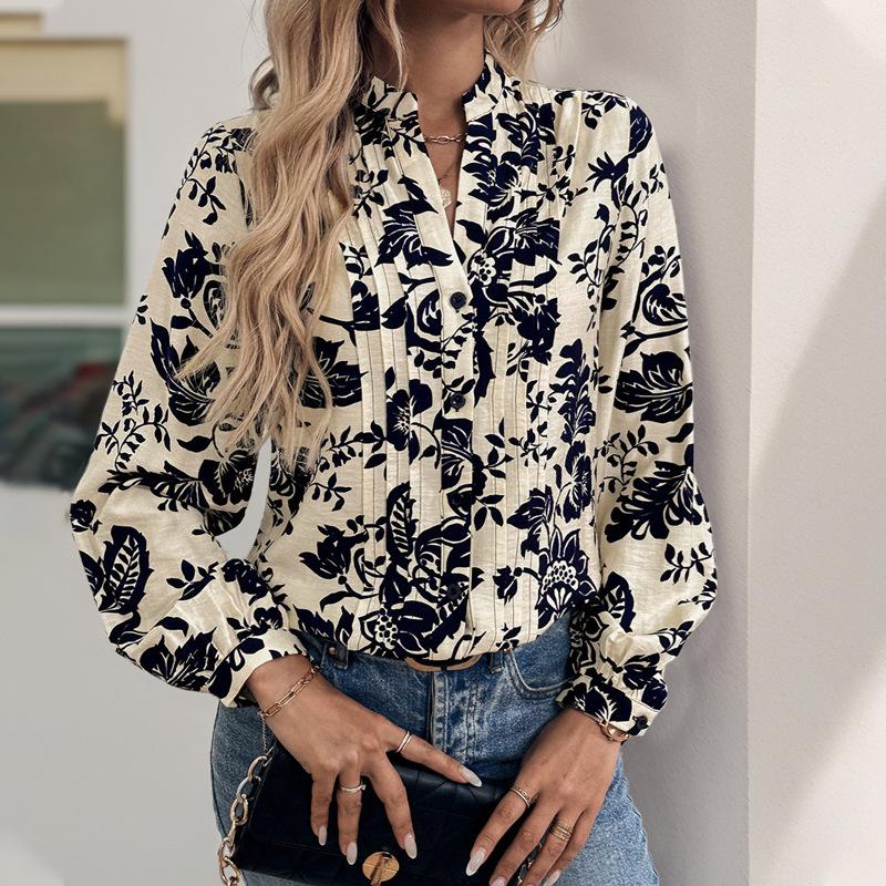 Women S Vintage Elegant Long Sleeve Printed Shirt For Autumn