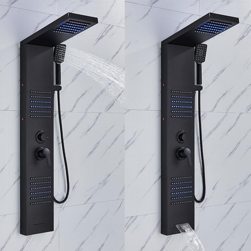 Black LED Shower Panel Tower System Rain Waterfall Shower Column Hydroelectricity Massage Body Spa Bath Shower Faucet Mixer
