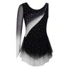 Girls Shiny Rhinestone Contrast Color Performance Dress Round Neck Asymmetrical Split Skating Dance Gymnastics Gown