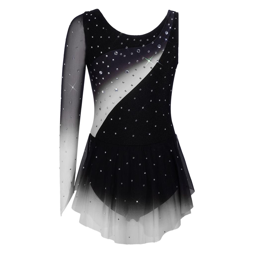 Girls Shiny Rhinestone Contrast Color Performance Dress Round Neck Asymmetrical Split Skating Dance Gymnastics Gown