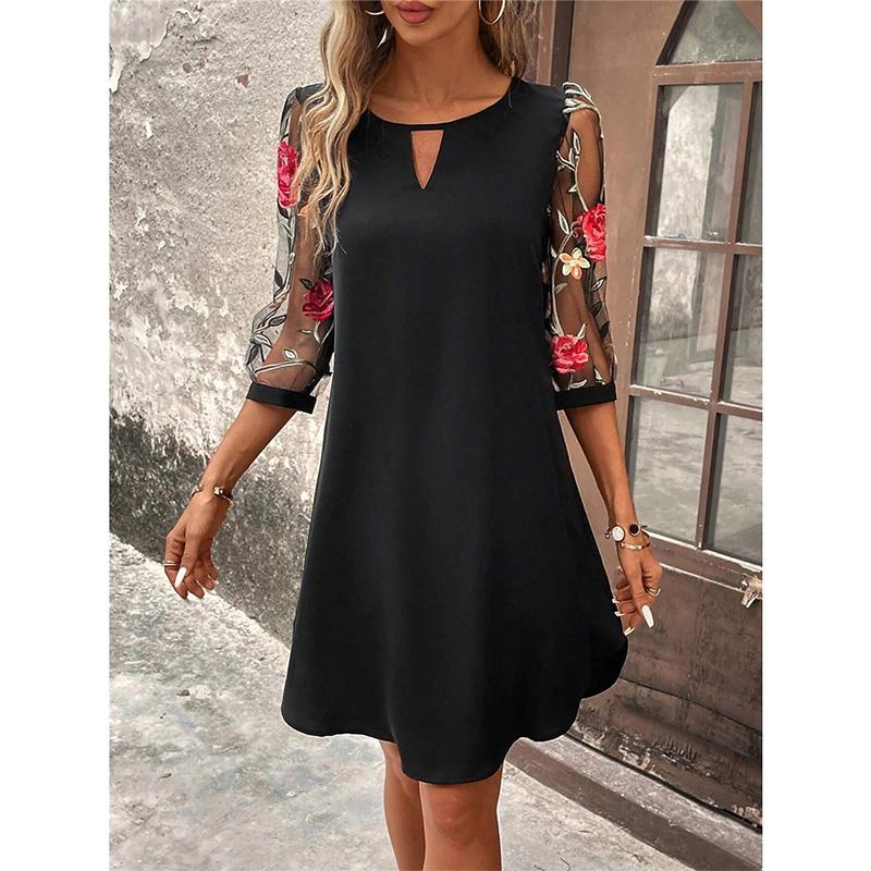 Women s Round Neck Lace 3/4 Sleeve Midi Dress Smocked Waist Elegant Summer S