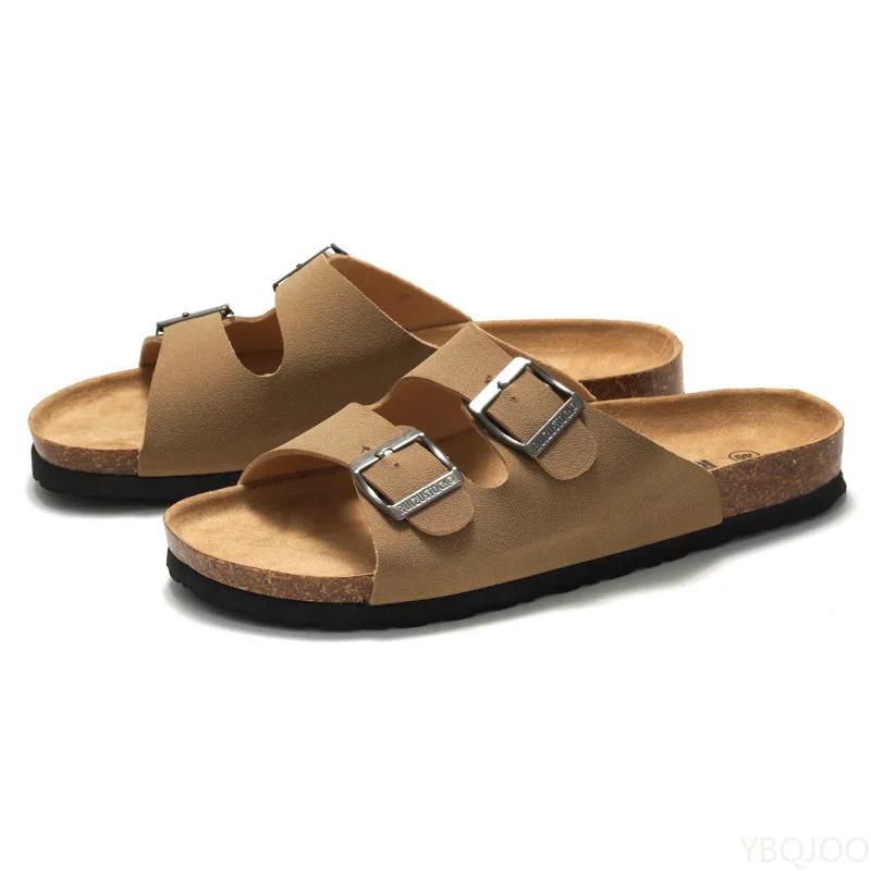 2025 Male Comfortable Slipper Man's Leather Sandal Beach Men Designer Brands Shoes Leather Buckle Cork Slippers Summer Homme