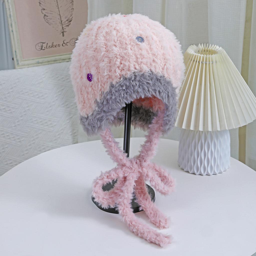 Neue mehrfarbige Knopf-Plüsch-Wollmütze, Ohrenschützend, Warm, Modisch und Vielseitig, Strickmütze, Niedliche und Gesichtsform-verbessernde kleine Schneemütze