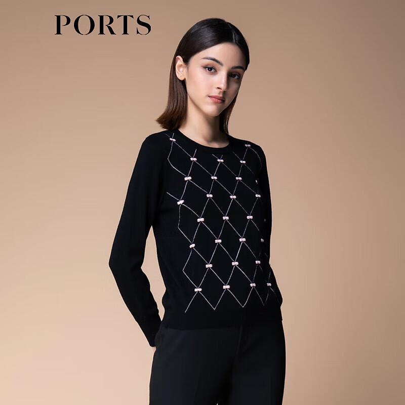PORTS Women's 100% Wool Geometric Knit Round Neck Pullover