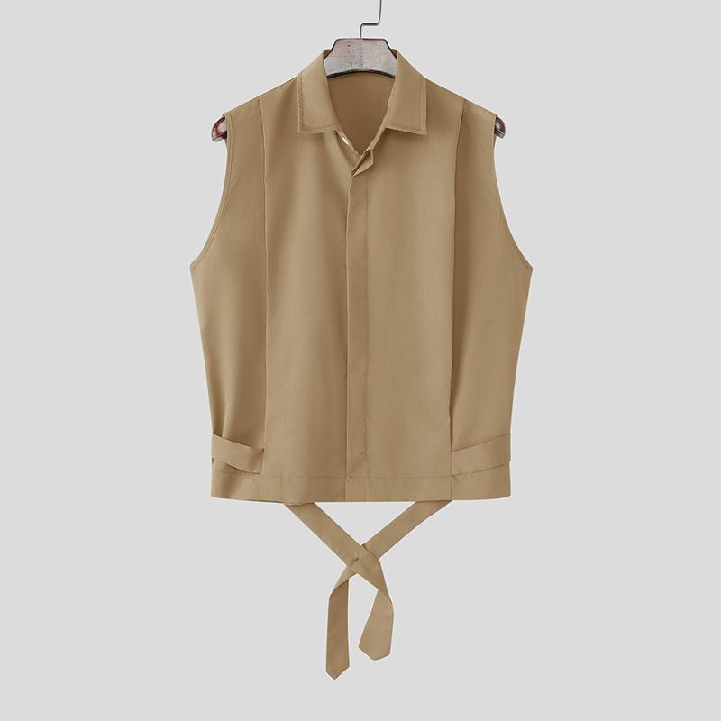 INCERUN Men Lapel Neck Sleeveless Solid Lace-up Casual Shirts Tank Tops