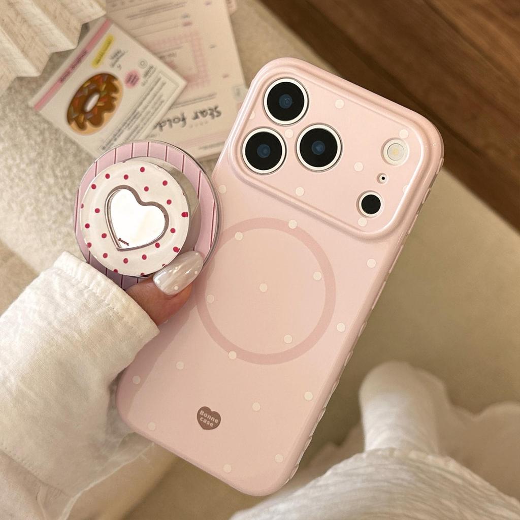 Cream Polka Dot iPhone 13/15/16/17 ProMax Case with Heart Mirror & Magnetic Stand - Korean Design