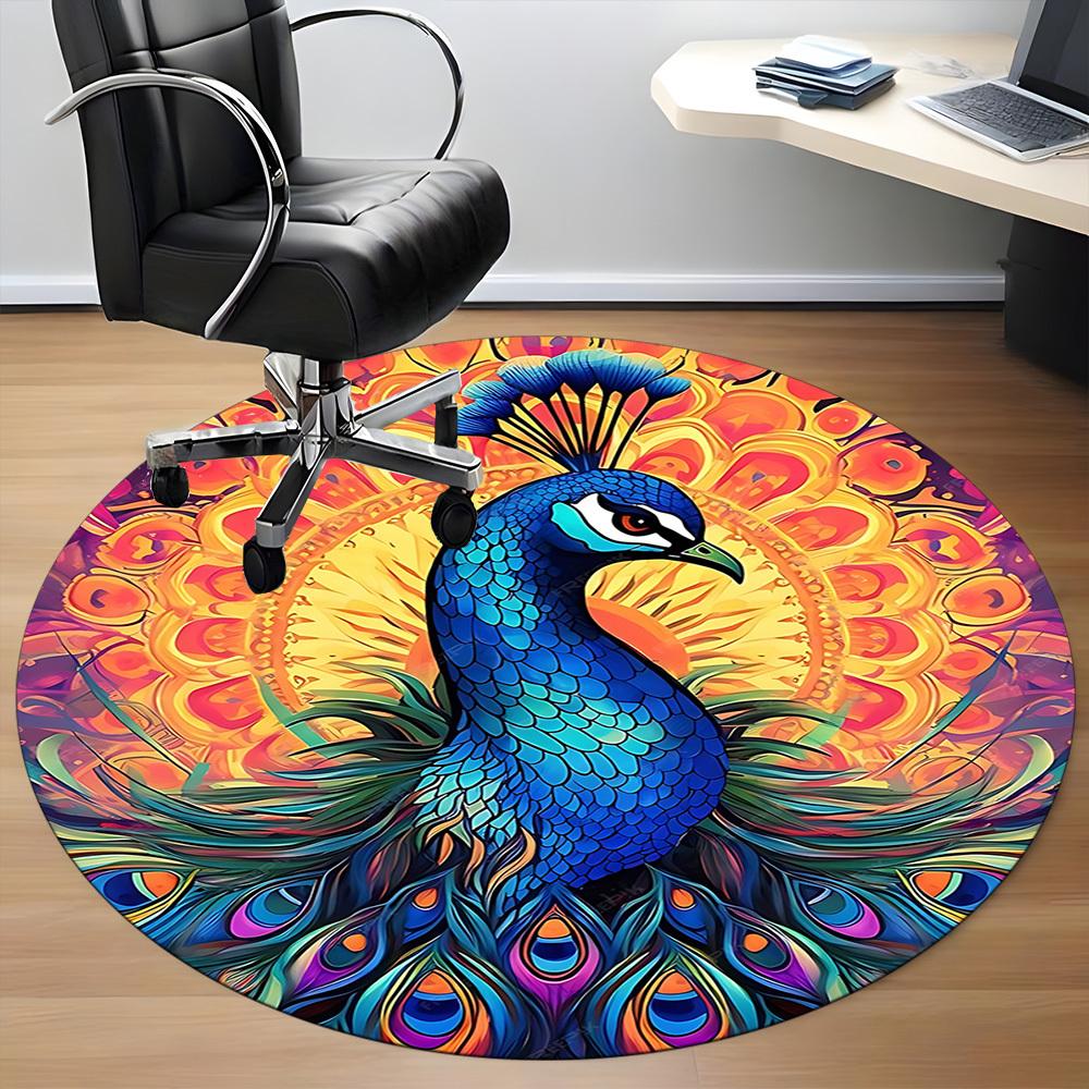 1pc Peacock Mandala Office Round Area Rug, Under Office Chairs Bedroom Living Room Home Decor, Room Deco