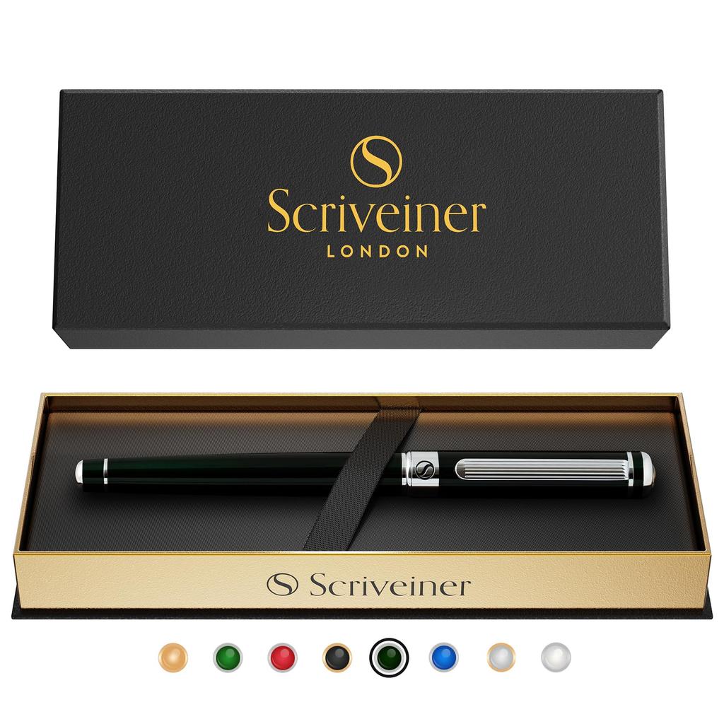 Scriveiner Black Green Rollerball Pen - Attractive Luxury Pen with Chrome Finish and Schmidt Ink Refill, Scriveiner Black Green Rollerball Pen