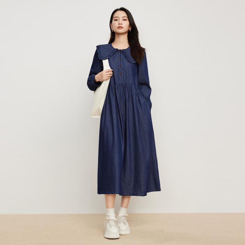 Elva' Island Women's Doll Collar Long Sleeve Mid-Length Denim Dress