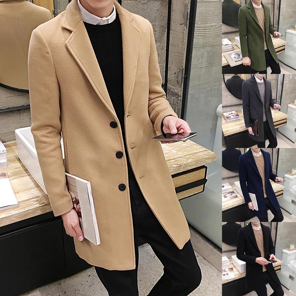 Herren Formal Einreihig Figuring Mantel Lange Wolle Warme Jacke Outwear