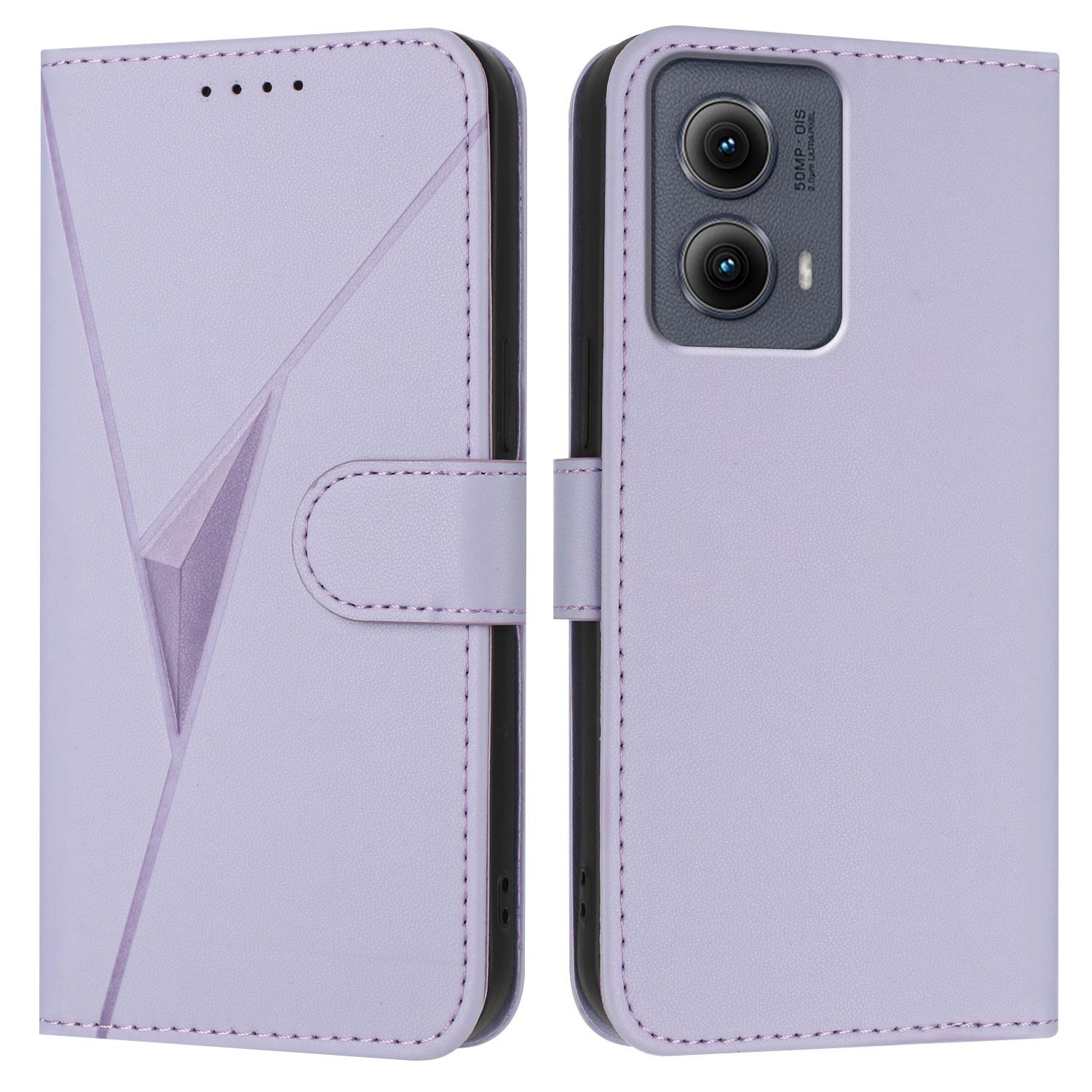 

For Motorola Edge (2024) 5G Case Triangle Imprint Leather Phone Cover with Lanyard Light Purple