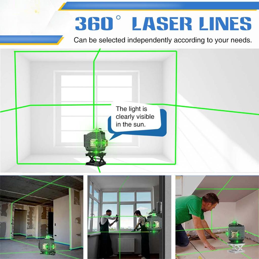 New 6000mAh 16/12/8 line Laser Level 360°Rotary Indoor Outdoor Horizontal Vertical Cross Auto Measuring 4D Adjustable Green Light Self-Leveling