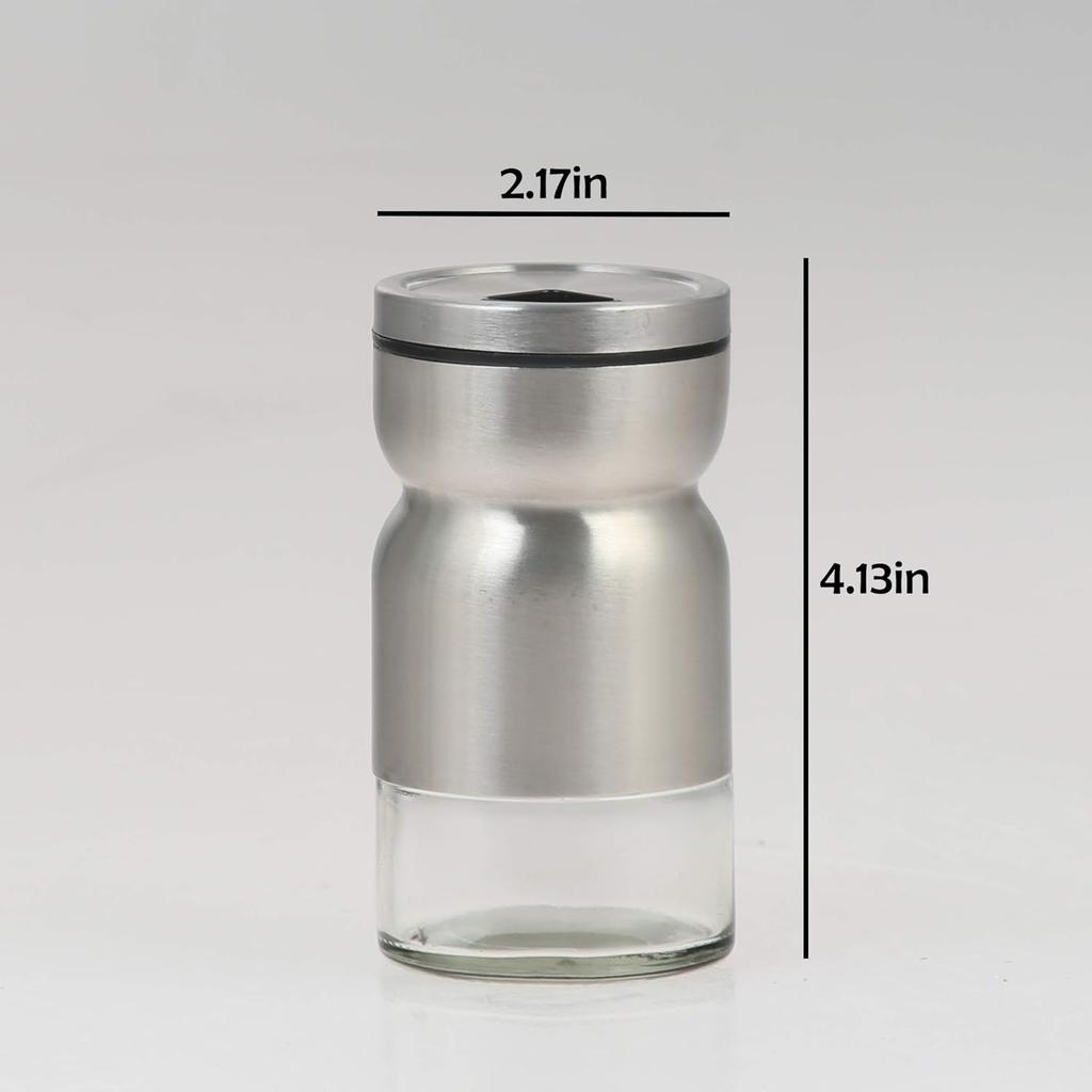 Salt and Pepper Shaker - with adjustable pour holes dispenser lids. Stainless Steel with Glass bottoms 2-Piece Set. (Stainless steel)