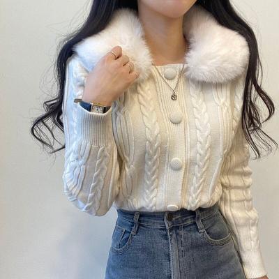 Autumn Winter Twist Knitted Cardigan Sweater 2023 Women Fashion Furry Collar Coat Short Top Vintage Thick Cropped Sweaters 29234