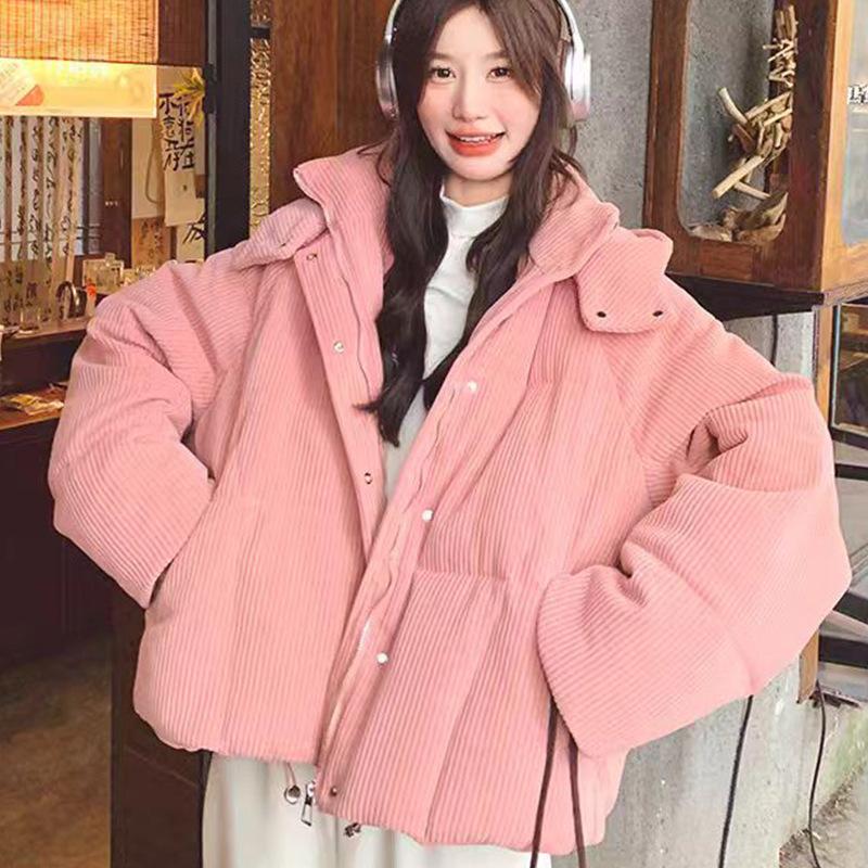 Pink corduroy short hooded down cotton women's winter small sweet age-reducing small fragrant jacket