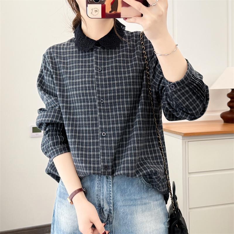 Plus Size Women's 2026 Spring Plaid Coat with Lace Collar Cardigan - Slimming Long Sleeve Shirt