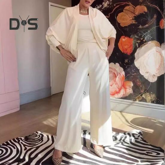 3 Pcs/Set Women Vest Coat Pants Suit Round Neck Sleeveless Solid Color Blouse Elastic Waist Wide Leg Trousers Daily Wear Sport Outfit Fall Spring