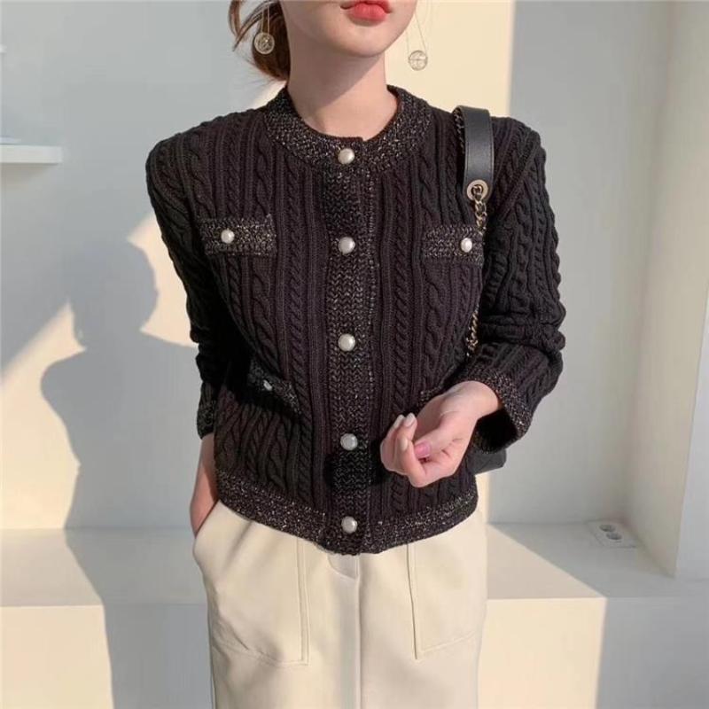 

Knitted Cardigan Women s Autumn Winter New Stitched Round Neck Button Fashion Solid Color Long Sleeve Top OneSize чорний
