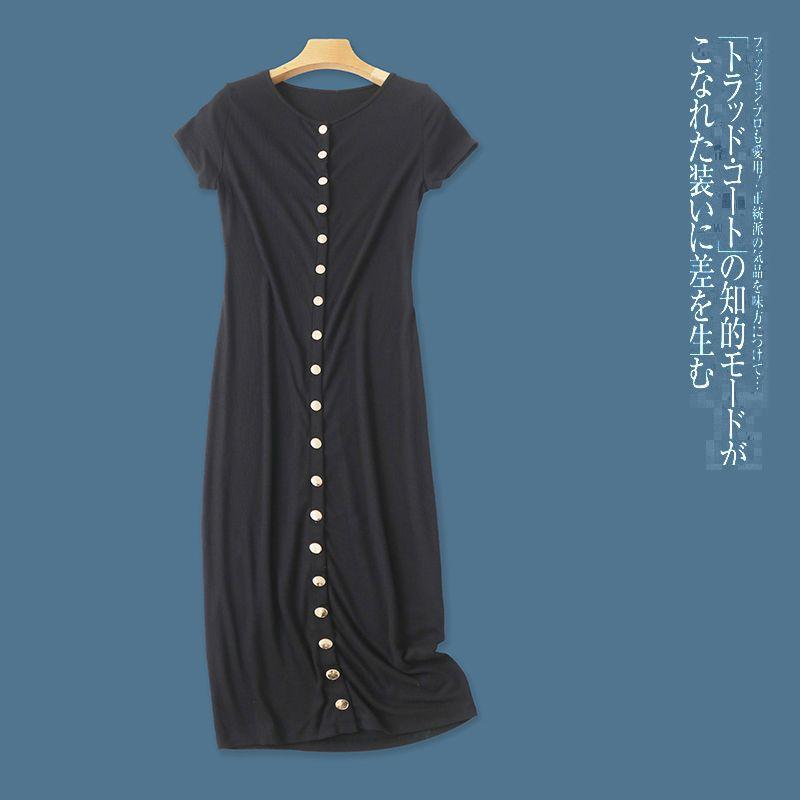 

Knitting Short-Sleeved Dress Spring/Summer New Arrival Foreign Trade Women s Clothing round Neck Single Row Buckle Plus Size Sheath Dress 28852 Black C- 8-30-2 S