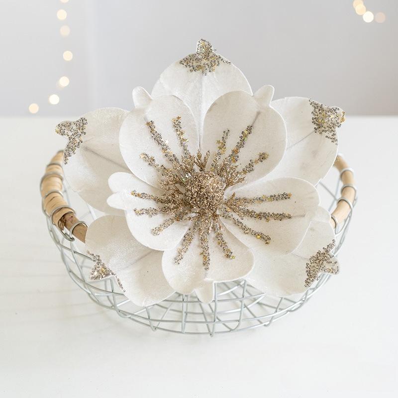 1pc Artificial Poinsettia Christmas Magnolia Flowers with Stems  Glittery Faux Flowers for Xmas, Wedding & Holiday Decor