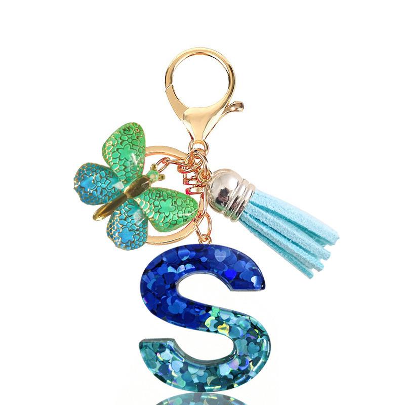 Fashion Blue Glazed Stone A To Z Letter Keychain 26 Initials Alphabet Butterfly Tassel Pendant Car Key Chain Women Jewelry GIfts