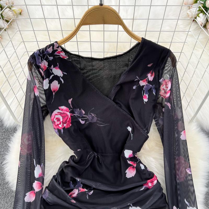 Sexy Tie-dye Printed V-Neck Long Sleeve Dress Women Chic Elegant Patchwork Vintage Midi Dresses Female Korean Fashion Casual One Piece Dress 2024