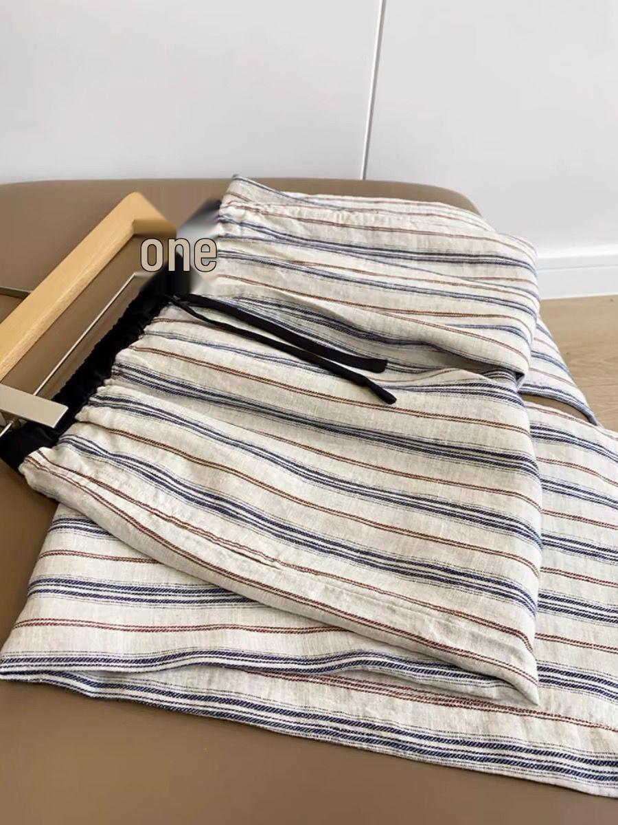 Women s Minimalist Cowhide Stripe Pants - Linen Wide-Leg, Elastic Drawstring Waist L