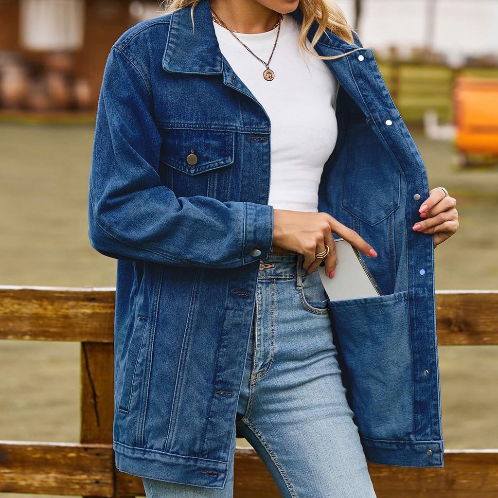 Women's Fashionable Versatile Classic Retro Color Lapel Long Sleeved Pocket Loose Denim Jacket