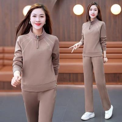 2 Pcs/Set Women Sweatshirt Pants Suit Zippered Stand Collar Long Sleeves Sport Sweatshirt Elastic Waist Trousers Fitness Outfit Fall Spring Tracksuit