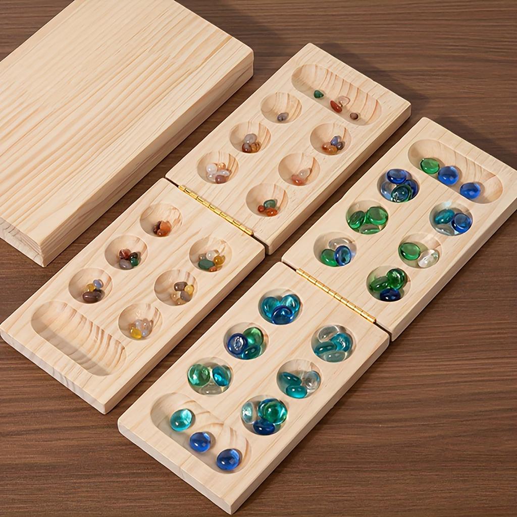 Board Game Set,Folding Wooden Board And MultiColored Glass Stones, Portable Traavel Board Game Gemstone Chess, Wooden Puzzle Toy