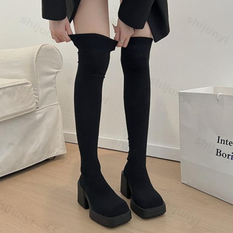 Women's Elastic Socks Boots Long Tube Over Knee Thick Heel Slimming Knit Socks Shoes New 2026 Autumn Platform Botas Mujer