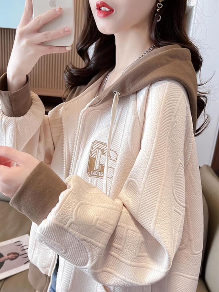 Women's Hooded Color Block Casual Jacket - Korean Style, Lightweight, Loose Fit, Petite, for Spring/Autumn 2025.