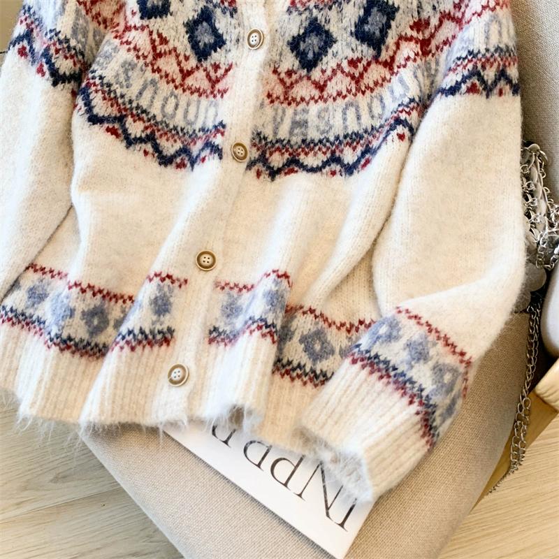 DIMANAF 2025 Autumn Sweaters Cardigan Women Pattern Printing Buttons Sweaters Knitting Loose White Sweater