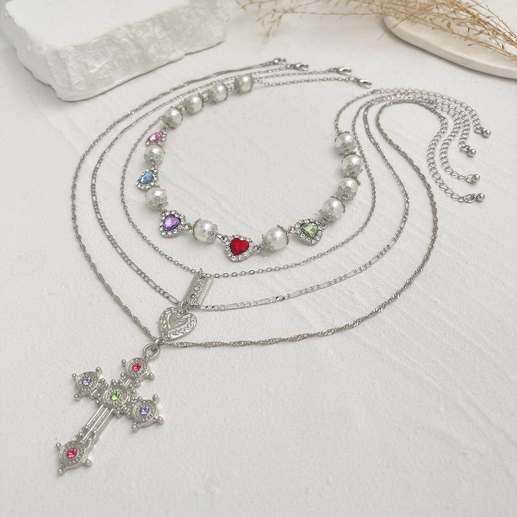 IngeSight.Z 4pcs/set Vinatge Jesus Cross Pendant Necklace for Women Luxury Elegant Imitation Pearl Choker Female Jewelry Gift