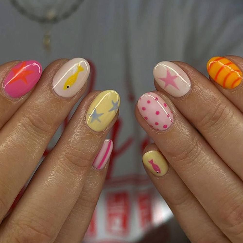 24 Pcs White French Tip Polka Dot Pink Almond False Nails Simple Sweet Acrylic Wearable Manicure Press On Nails For Women