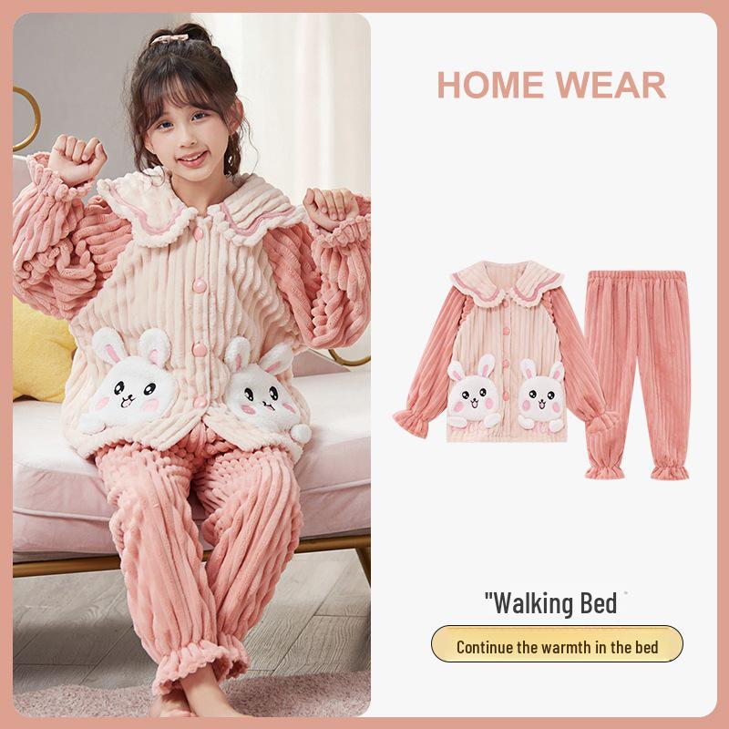Kids' Flannel Cartoon Pajamas - Warm Coral Fleece for Girls, Autumn/Winter Collection